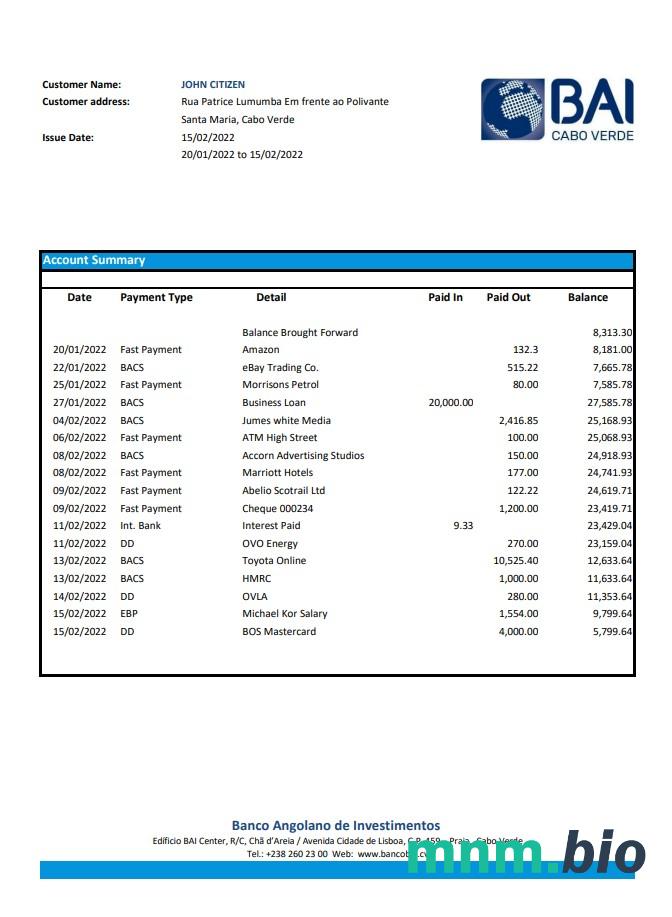 Wyciąg bankowy Cabo Verde Banco Africano de Investimentos Excel i szablon PDF (AutoSum)